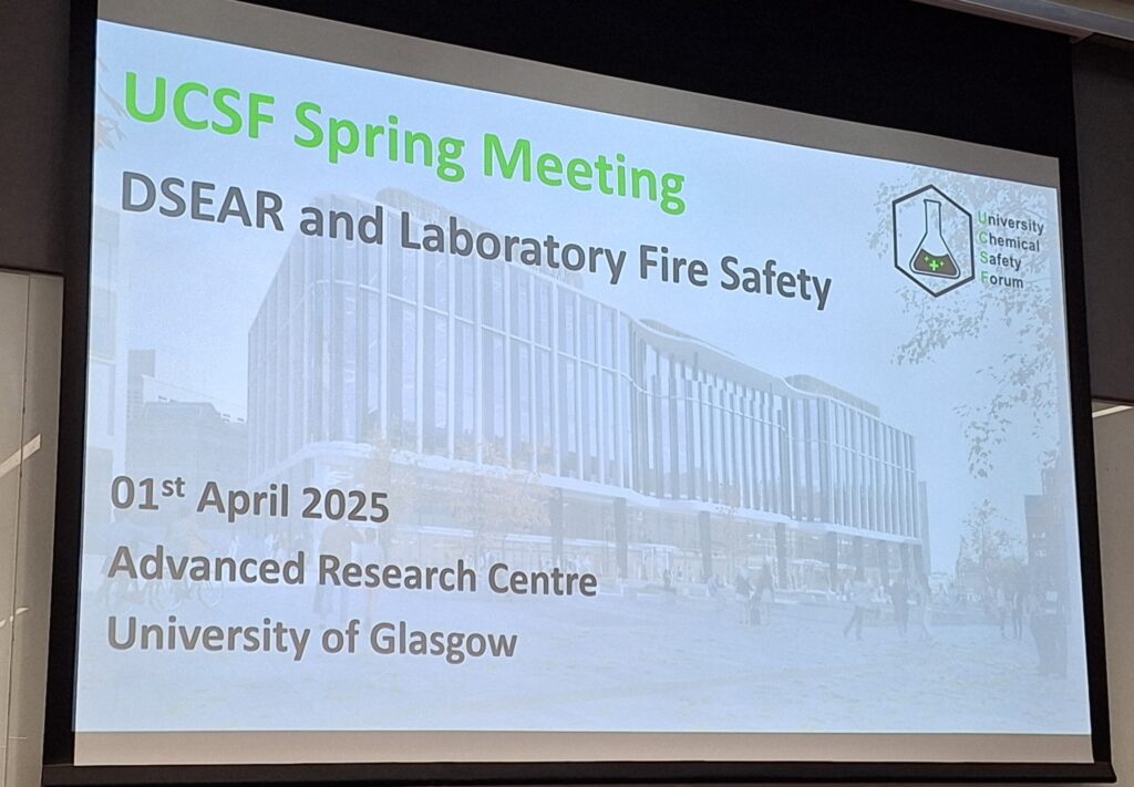 Image of welcome slide for UCSF Spring Meeting.
Topic - DSEAR and Laboratory Fire Safety.